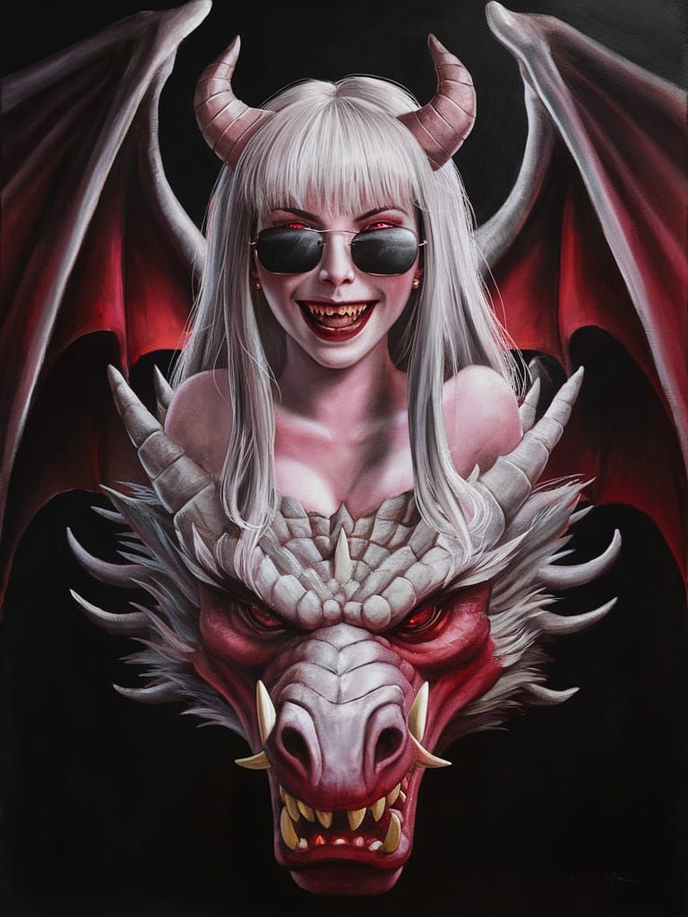 Anime Demon Woman on Dragon in Oil Painting