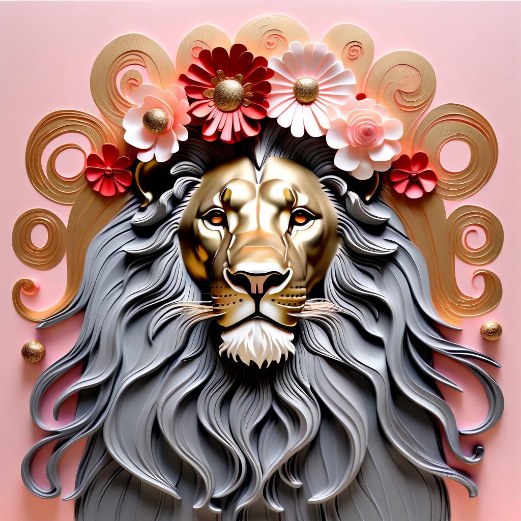 Lion Adorned with Flower Crown in Klimt Style