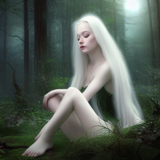 Moonlit Fairy Woman in Mystical Forest Glade