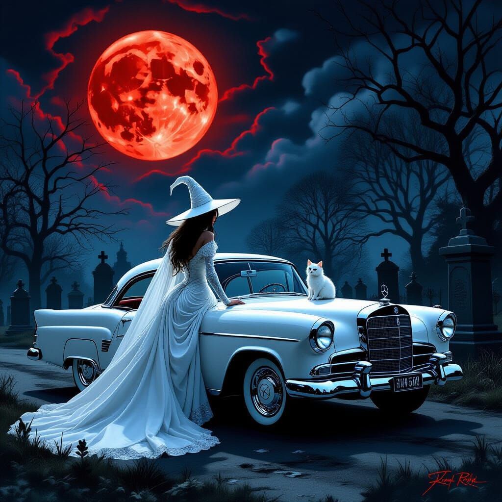 Witch Rides White Mercedes Under Blood Moon