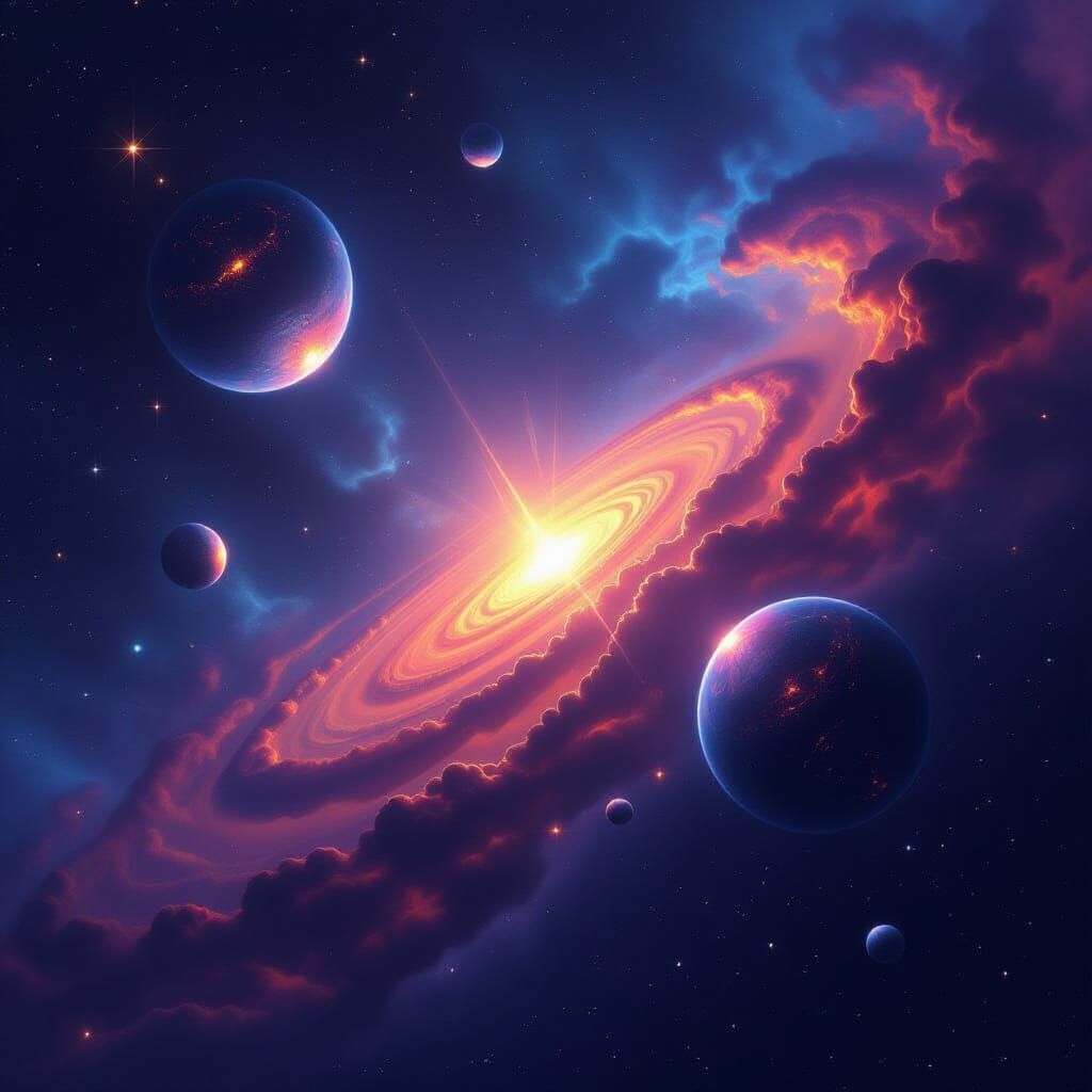 Magical Cosmic Nebula with Glowing Planets Orbiting Star