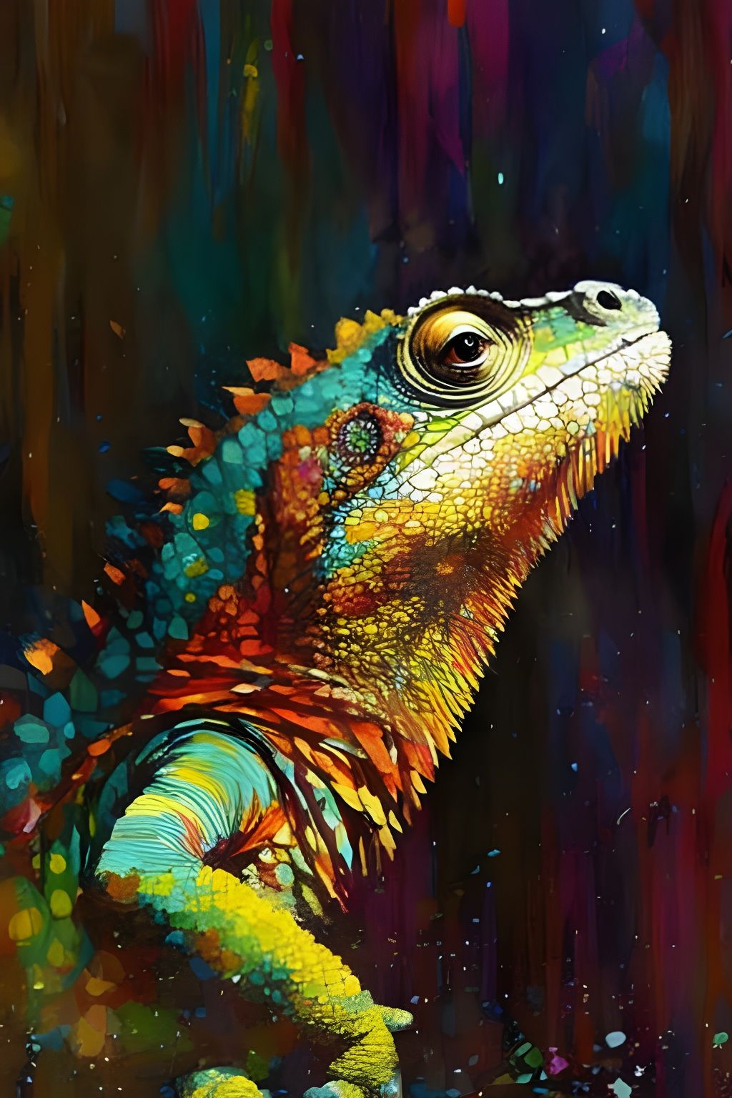 Colorful Chameleon Portrait in Forest, Dripping Paint Style