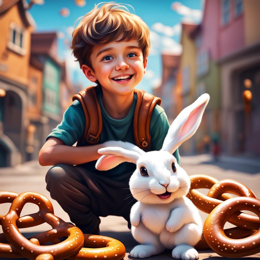 Pretzel Boy and Rabbit: Colorful Acrylic Fantasy