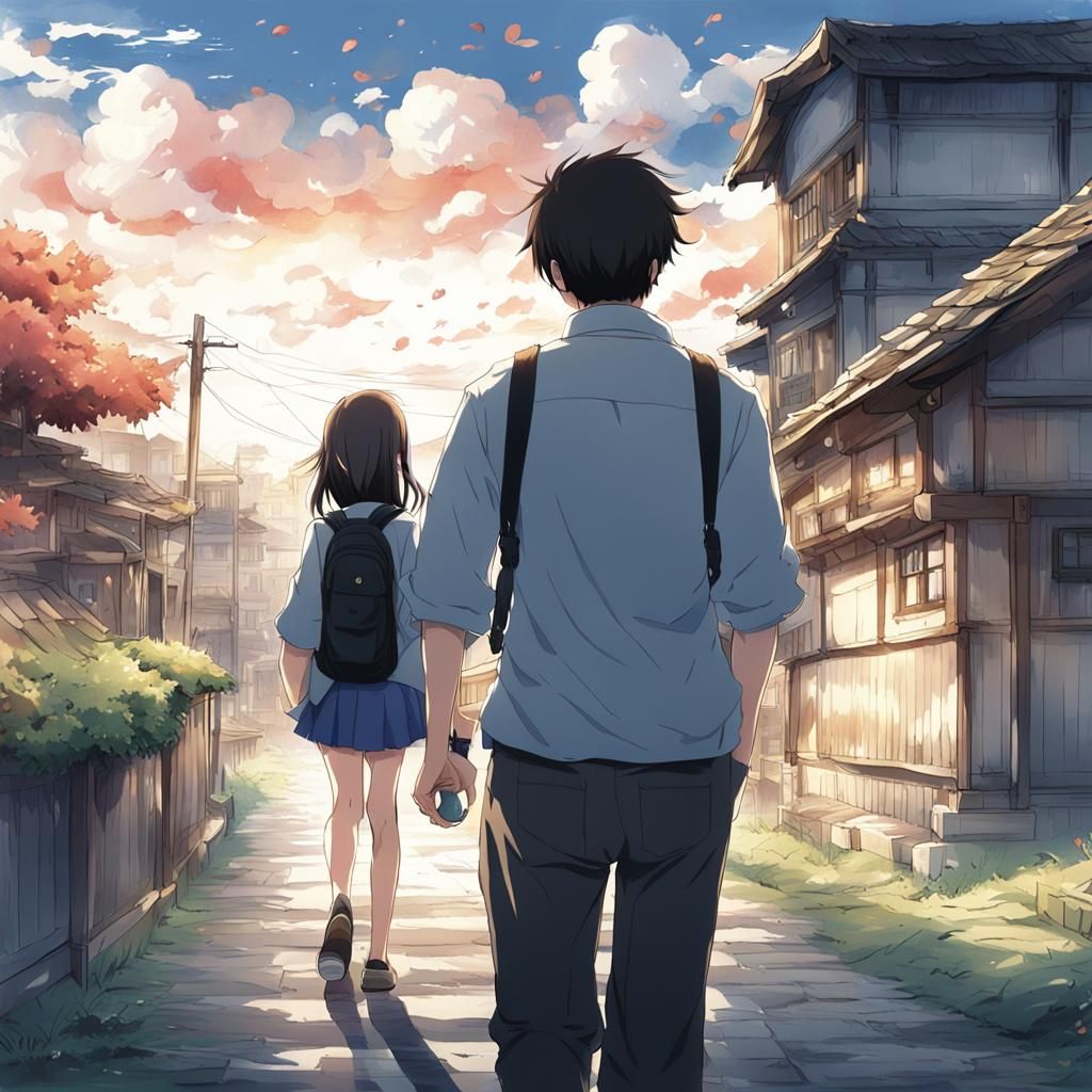 Heartbroken Man Watches Girl Leave in Anime Style