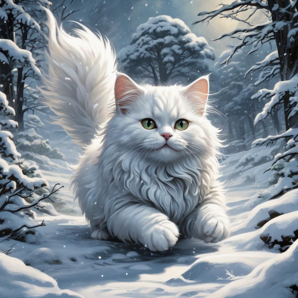 Angora Cat in Snow, Comic Book Art Style