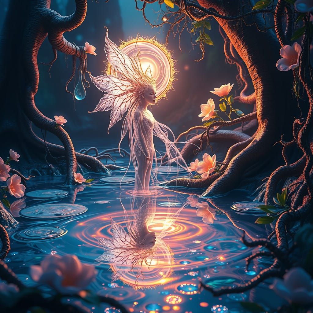 Ethereal Being of Narcissism in Shimmering Landscape