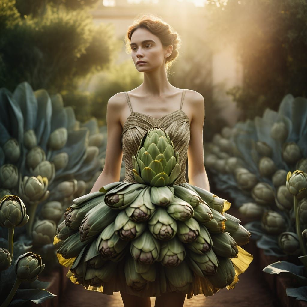 Woman in Artichoke Dress in Garden