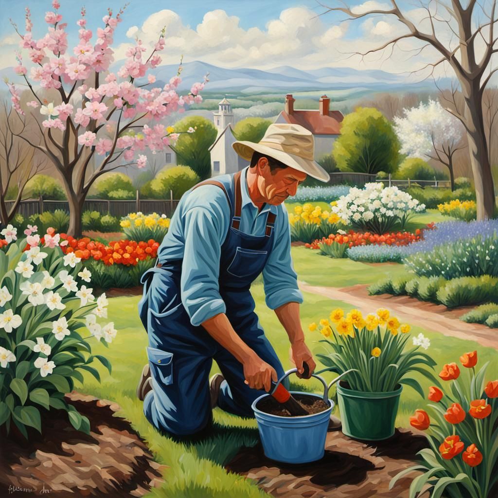 Realistic Painting of a Gardener in Spring