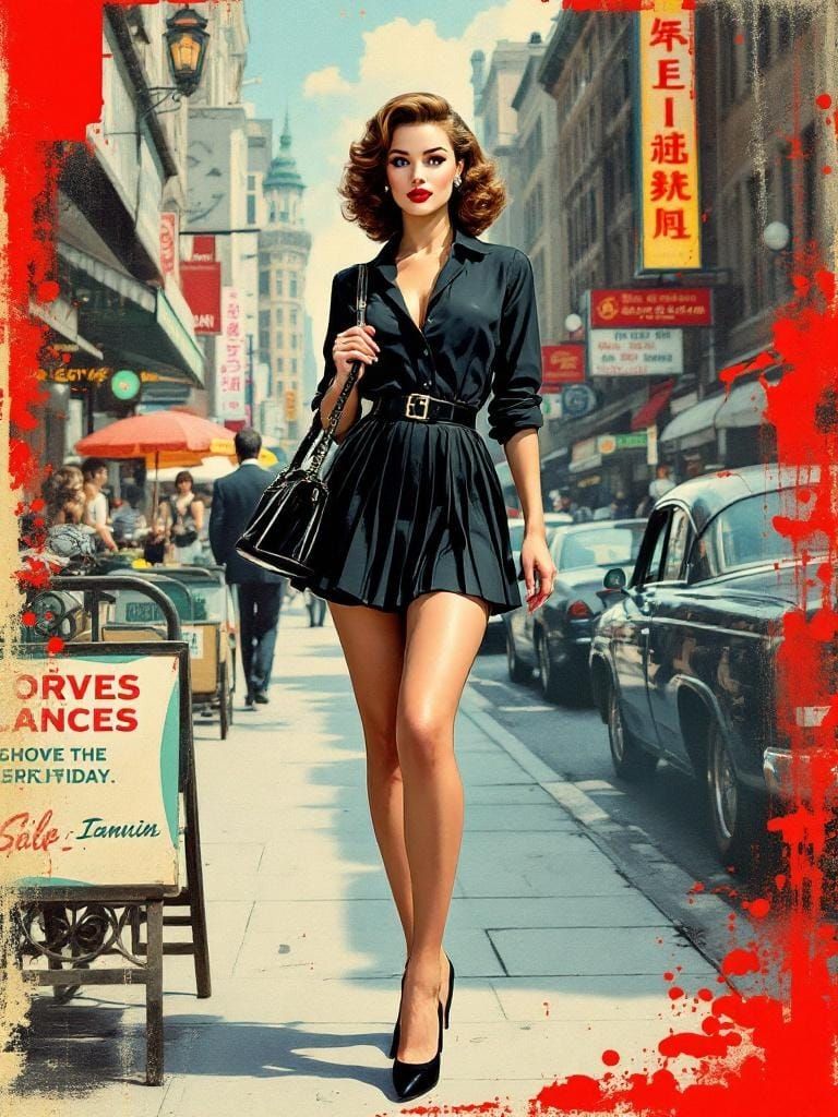 Surreal Pin-Up Girl in Cityscape, Retro Illustration