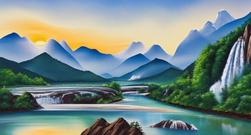 Sunrise Over Rugged Mountain Landscape Painting