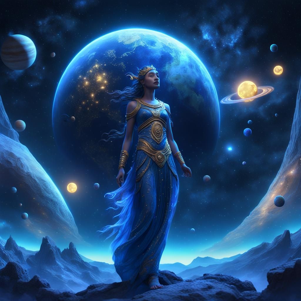 Celestial Goddess in Starry Sky: Watercolor Fantasy