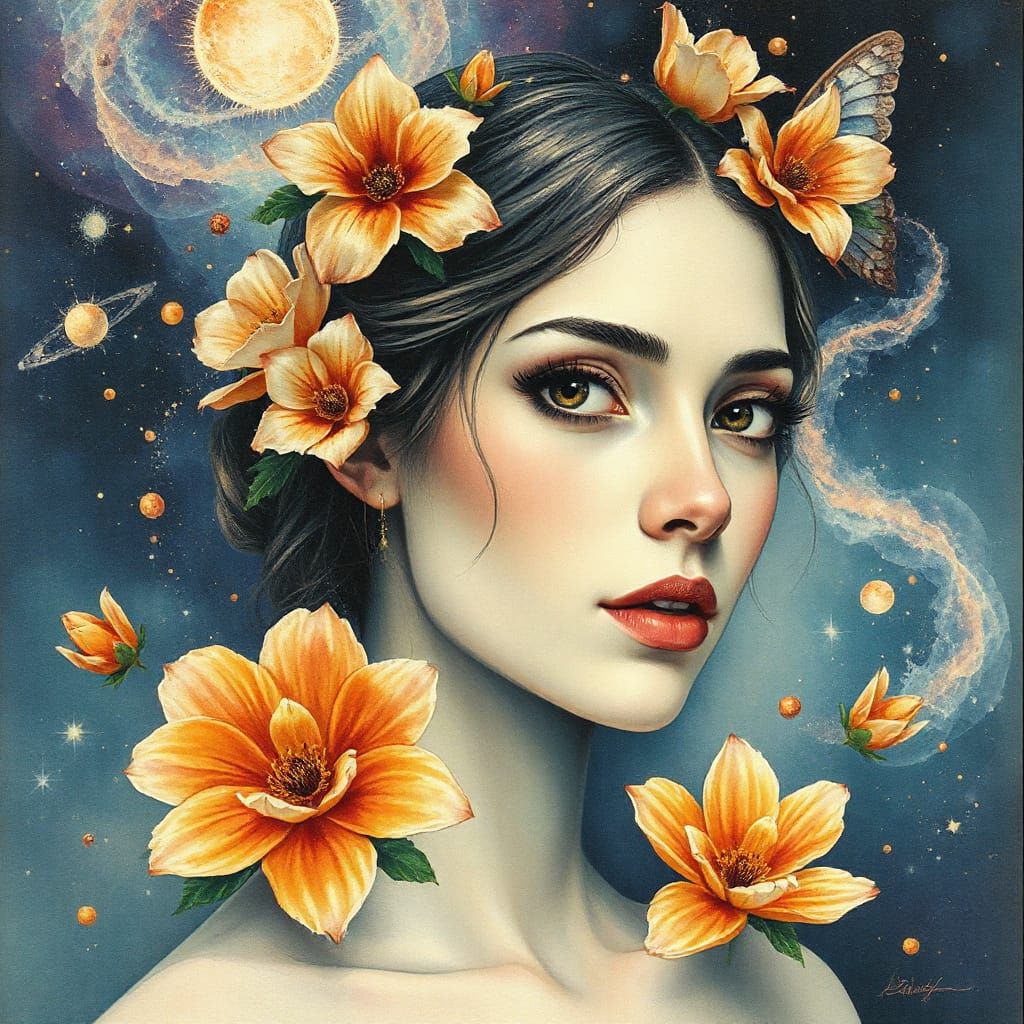 Mystical Woman Adorned with Cosmic Flowers