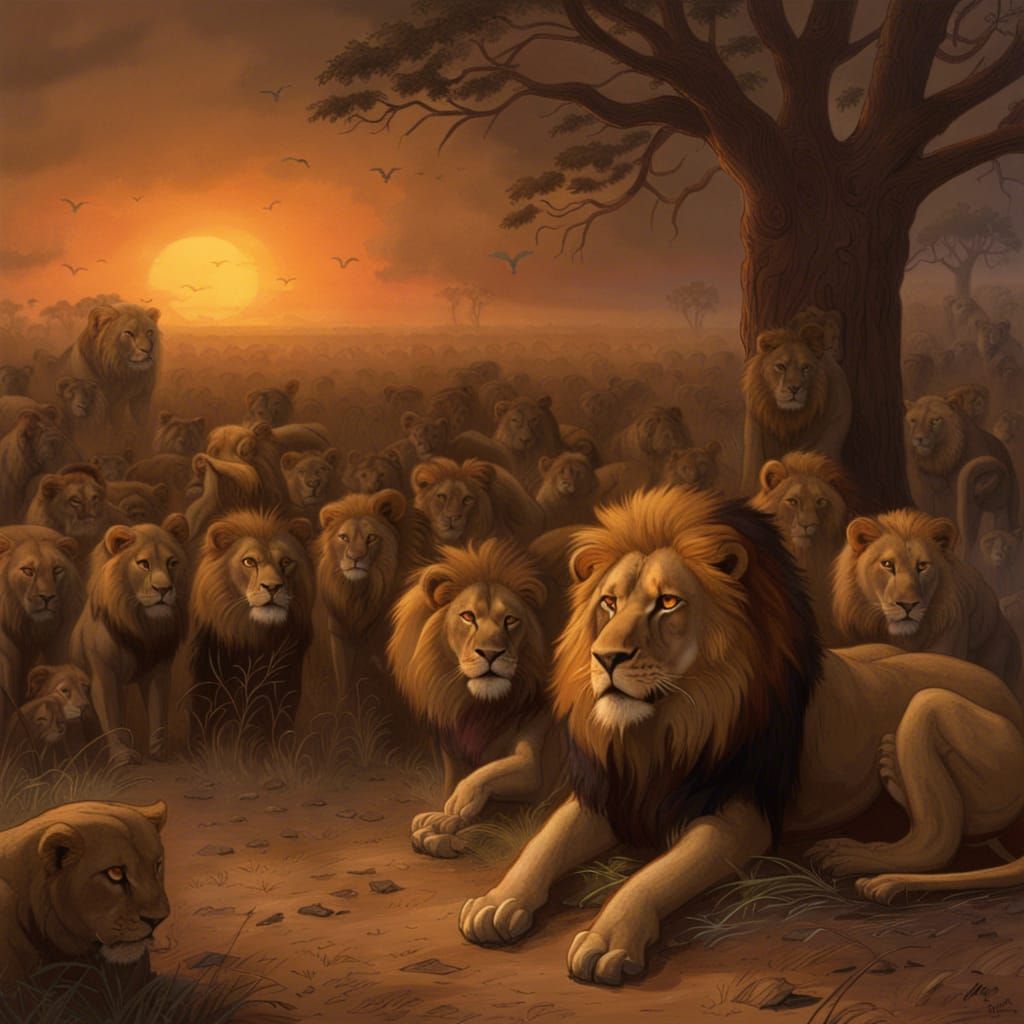 Lions on African Plains at Dusk