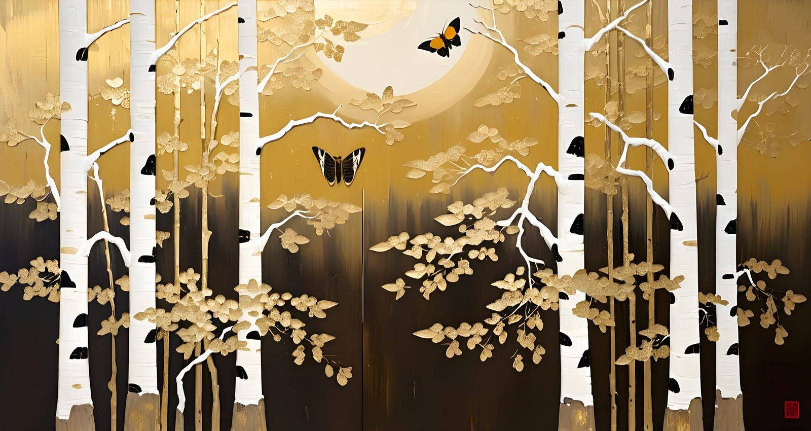 Nihonga Birch Forest Painting with Gold Accents
