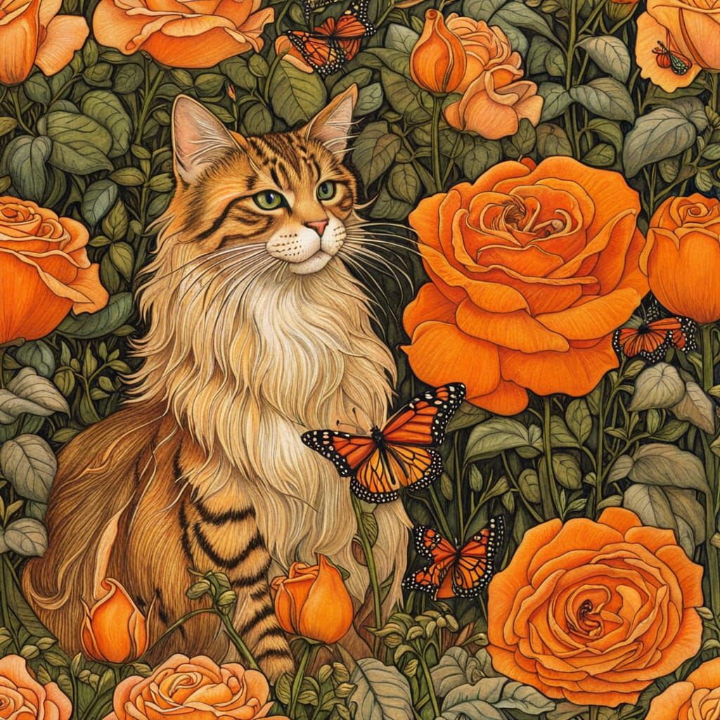 Fairytale Garden with Marmalade Cat in Rackham Style