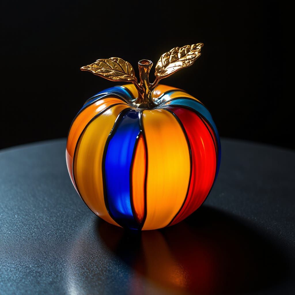 Stained Glass Apple Sculpture with Golden Leaves