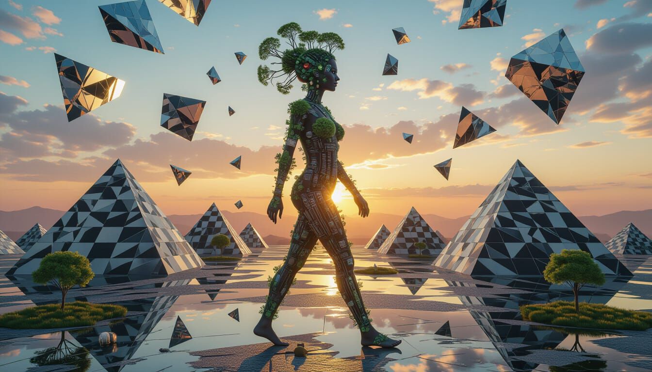 Surreal Woman Walking on Pyramid Landscape in Digital Collag...