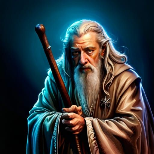 Hyperreal Gandalf with Staff in Space