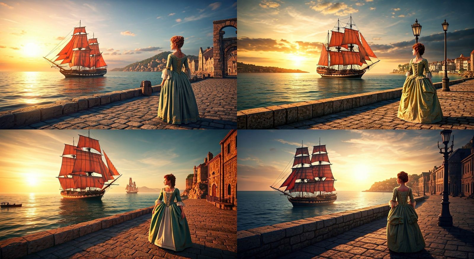 Galleon in Harbor with Woman in Georgian Gown