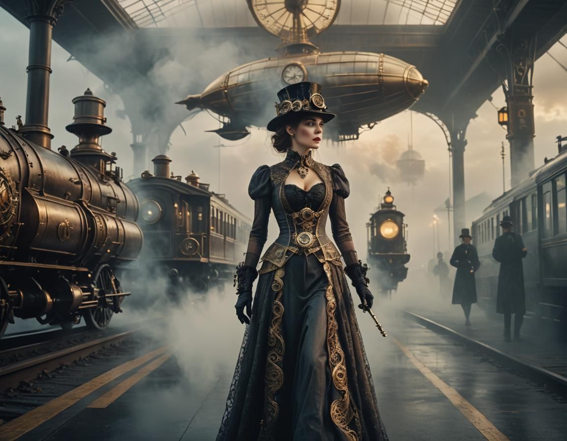 Steampunk Woman with Clockwork Device at Train Station