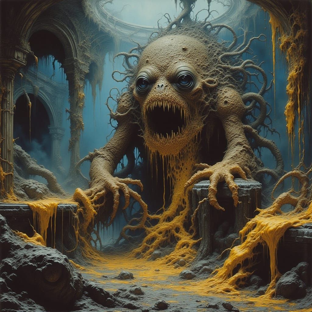 Horrifying Lovecraftian Face in Decaying Room