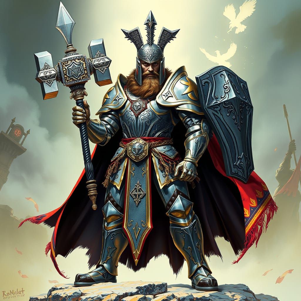 Regal Paladin Warrior in Silver Armor, Holding Warhammer, Re...