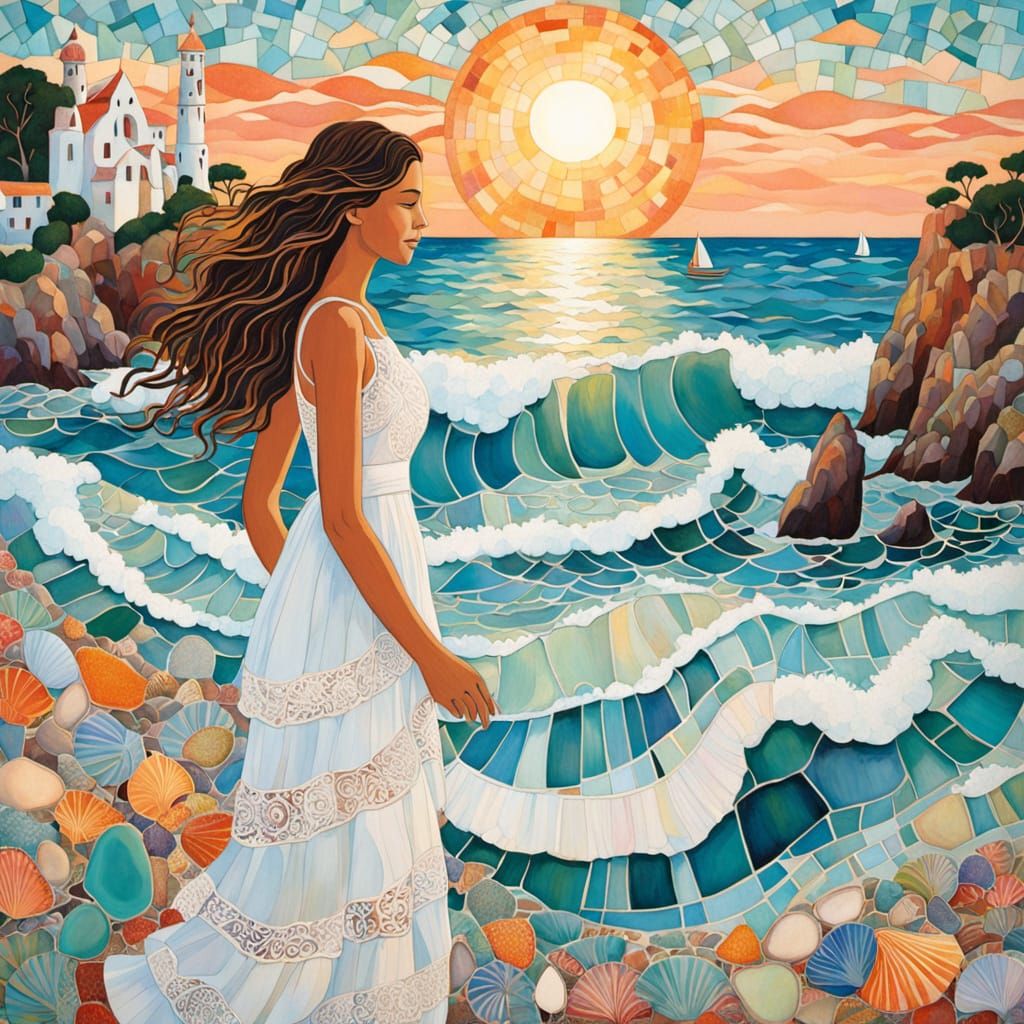 Whimsical Coastal Goddess in Seashell Mosaic