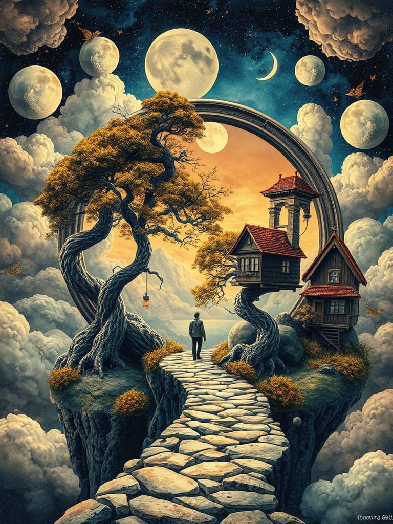 Surreal Bonsai Treehouse Portal in MC Escher Fantasycore Clo...