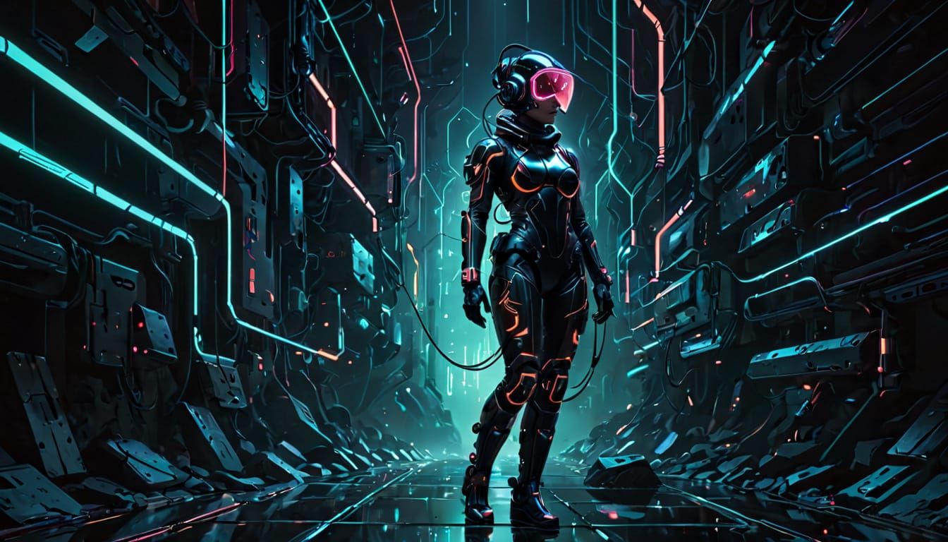 Cyberpunk Psychedelic Explorer in Digital Landscape