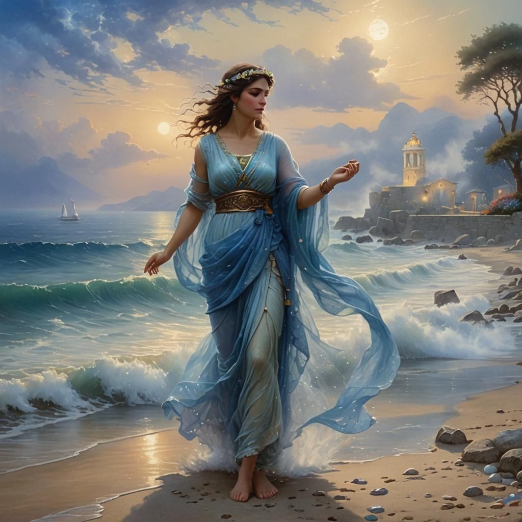 Ethereal Water Nymph on Misty Shoreline