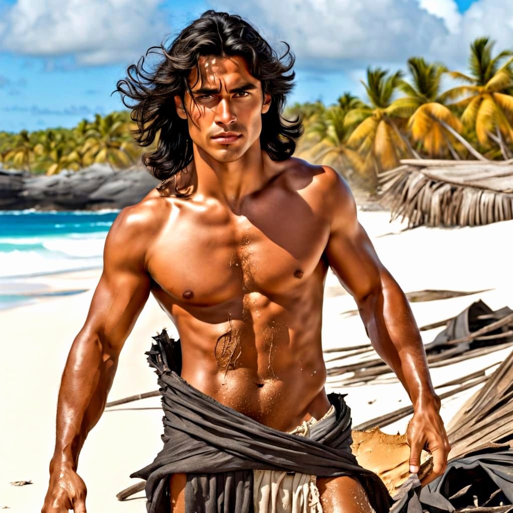 Latino Castaway on Sandy Beach in Rags
