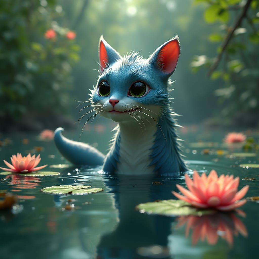Surreal Cat-Shark Emerges from Pond: Fantasy Concept Art
