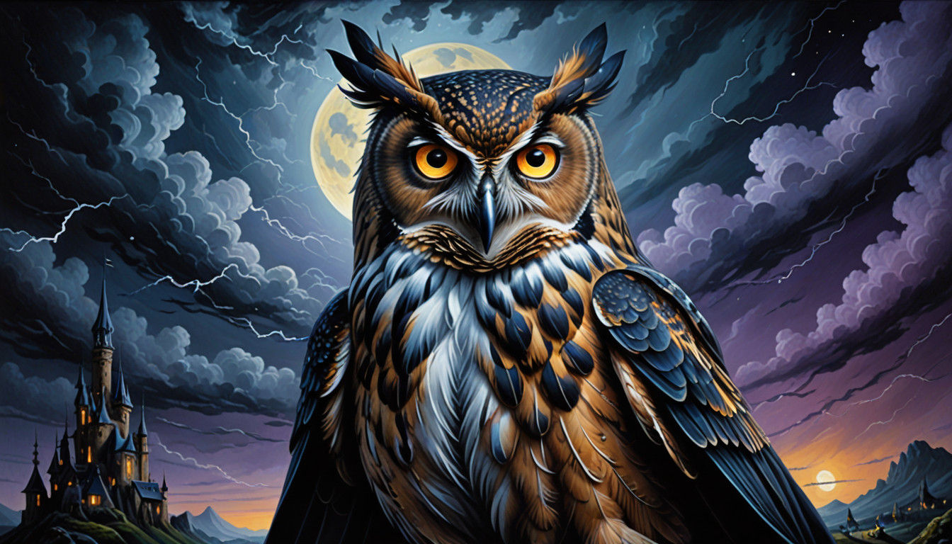 Surreal Night Owl Soars Through Stormy Skies in Iridescent F...