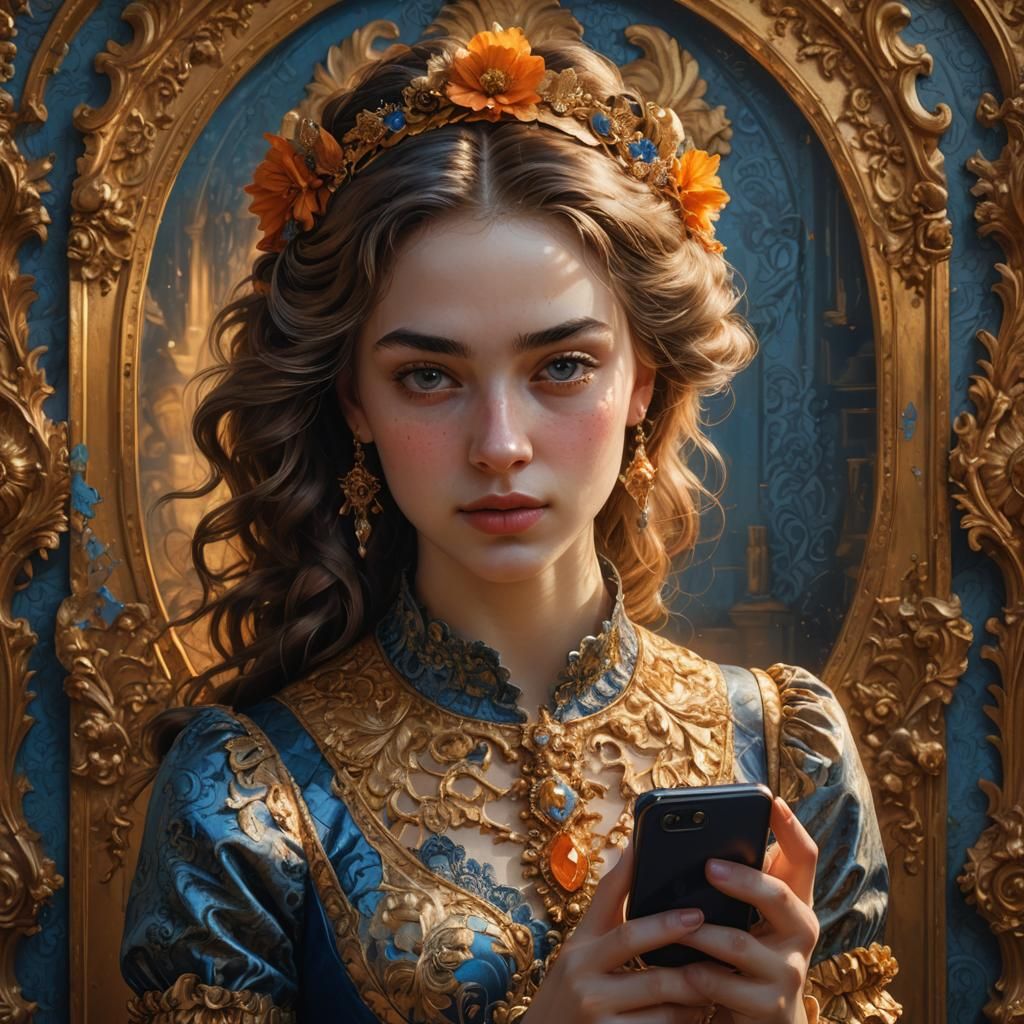 Baroque Revival Portrait: Girl with Smartphone