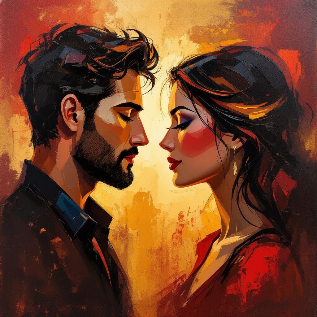 Abstract Expressionist Couple Portrait in Red and Gold