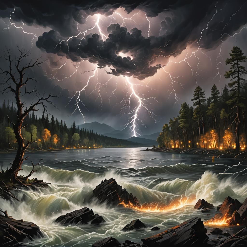 Dramatic Lightning Storm Over a Turbulent Lake