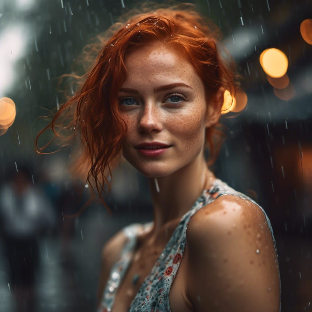 Red-Haired Girl in Rain: Expressive Portrait