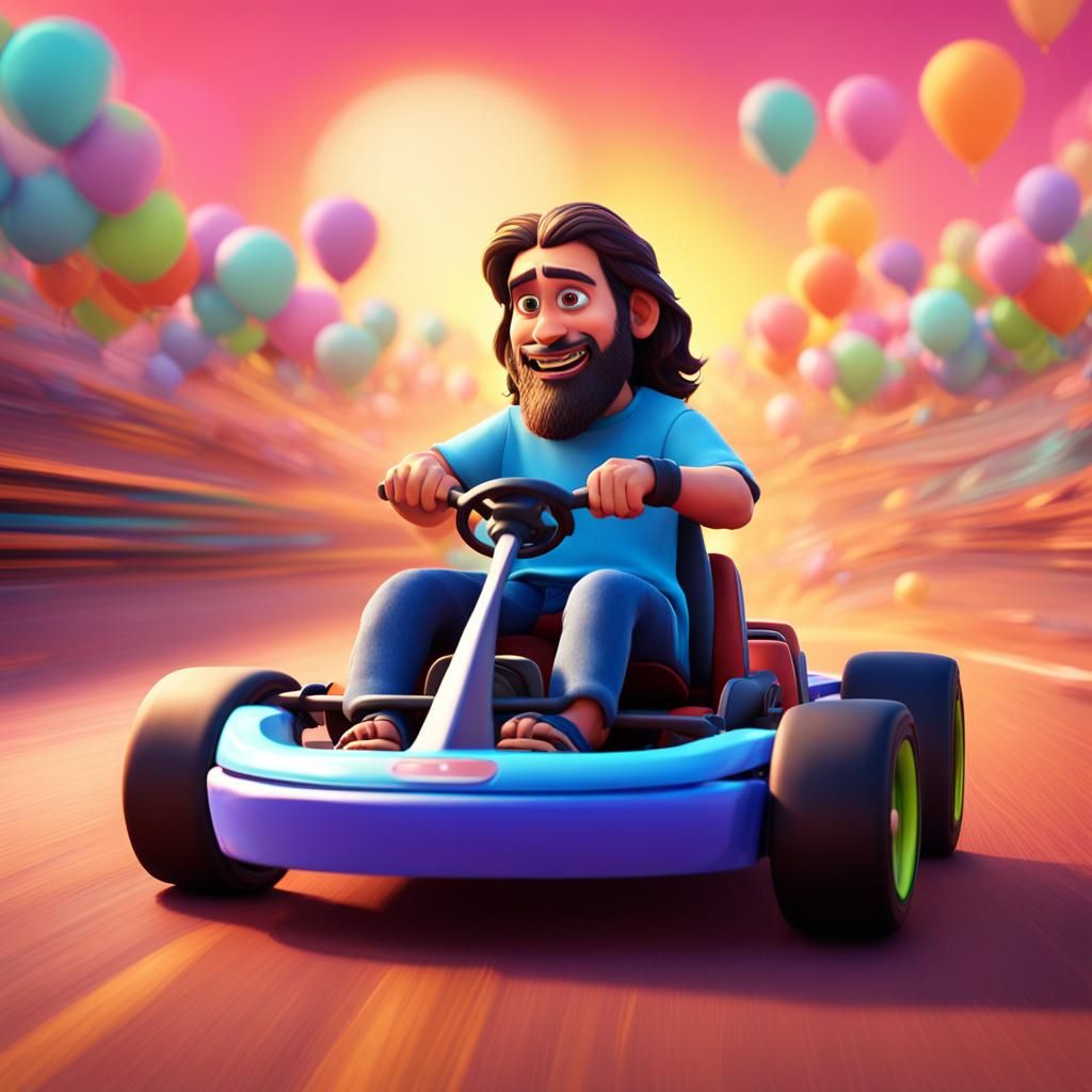 Jesus Driving Go-Kart: Pixar-Style 3D Digital Art