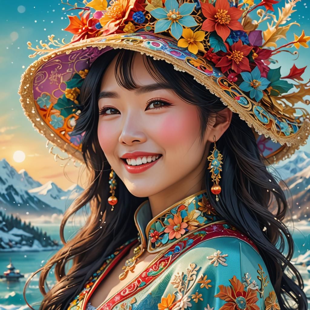 Asian Woman in Winter Hat, Art Nouveau Style