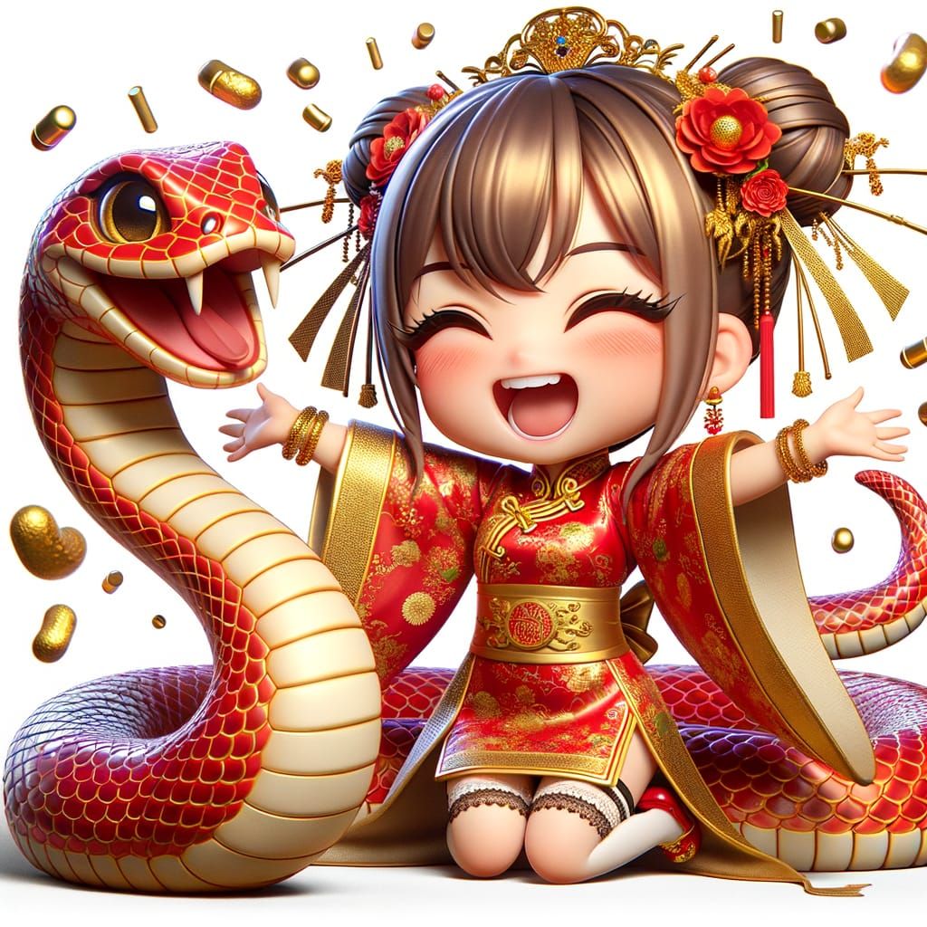 Chibi Chinese Girl Celebrates with a Textured Red Snake in 3...