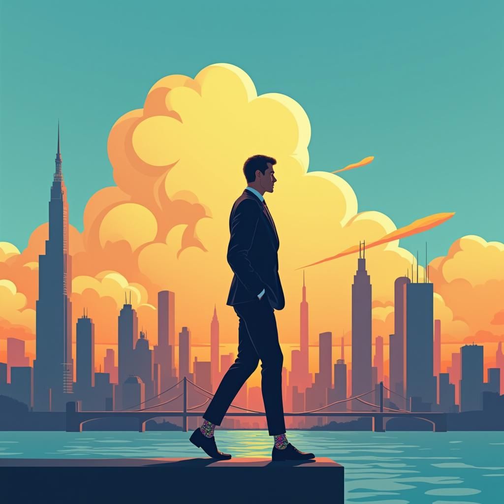 Sunrise Cityscape Silhouette in Art Deco Style