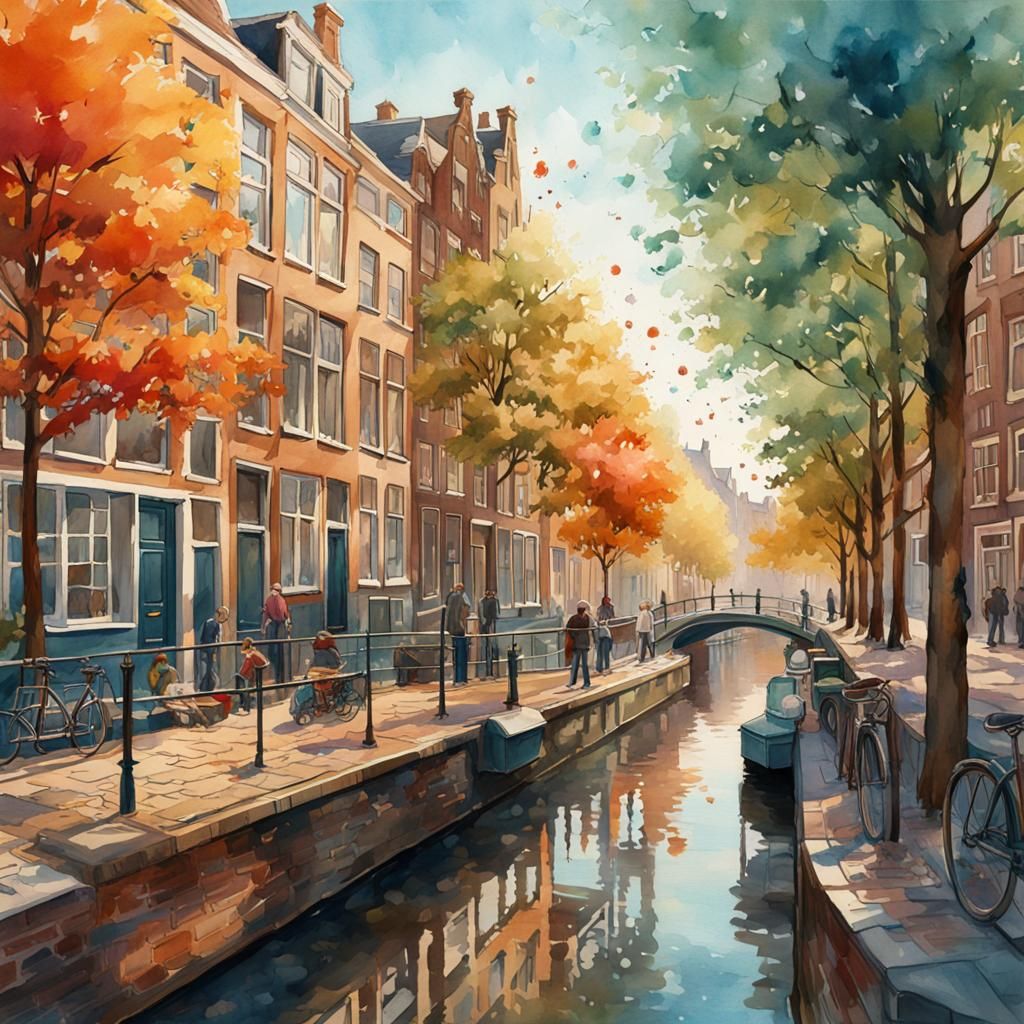 Amsterdam Canal Sidewalk in Watercolor Style