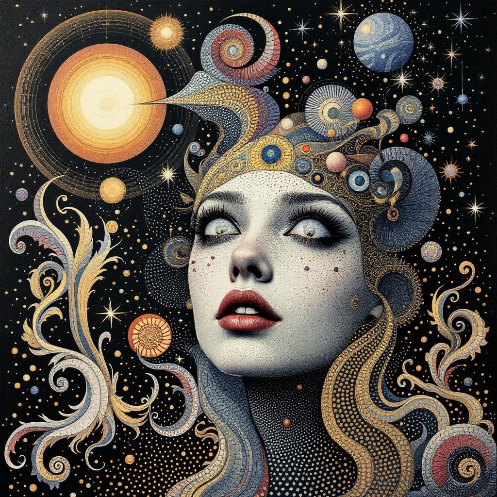 Ethereal Dot Painting Portrait with Celestial and Arabesque ...