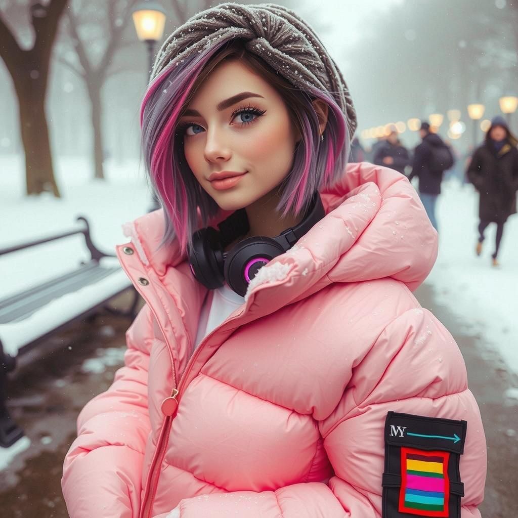 Pastel E-Girl in Snowy Park, Watercolor Art