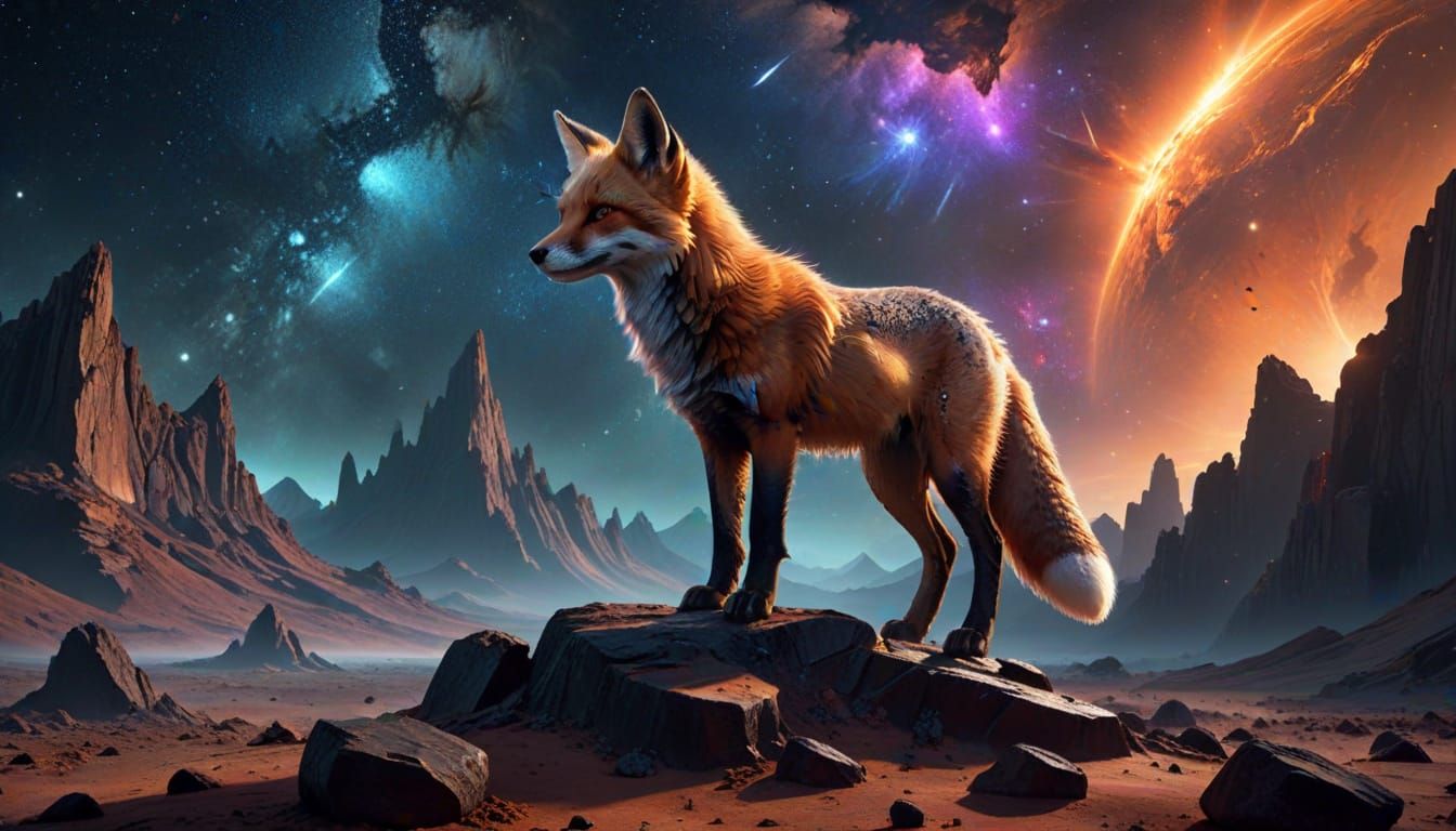 Stardust Fox on Alien Planet Overlooking Nebula