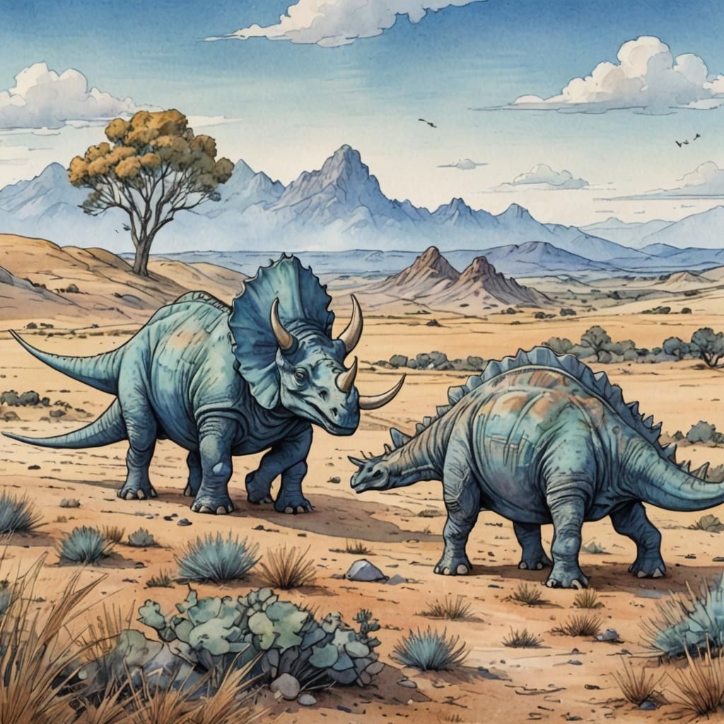 Triceratops and Apatosaurus in Open Countryside