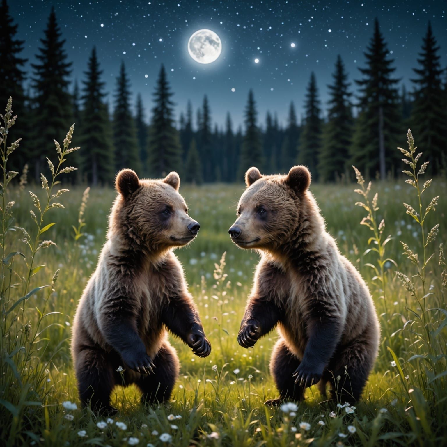 Magical Bear Cubs in Moonlit Meadow