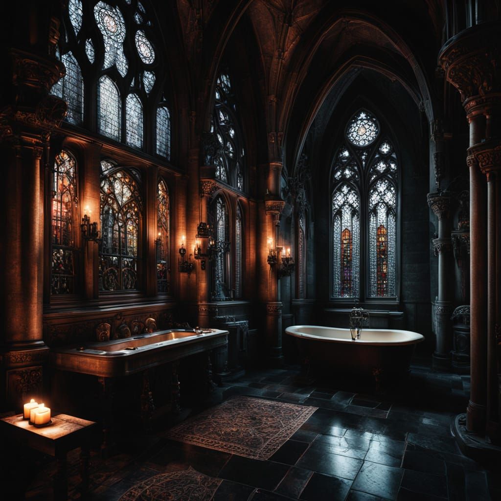 Gothic Modern Bathroom with Candlelight, Dark Fantasy Art