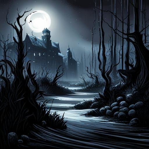 Gothic Horror Swamp Under Dark Starry Night