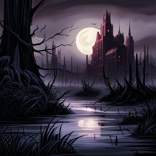 High Gothic Horror Swamp Under Starry Night
